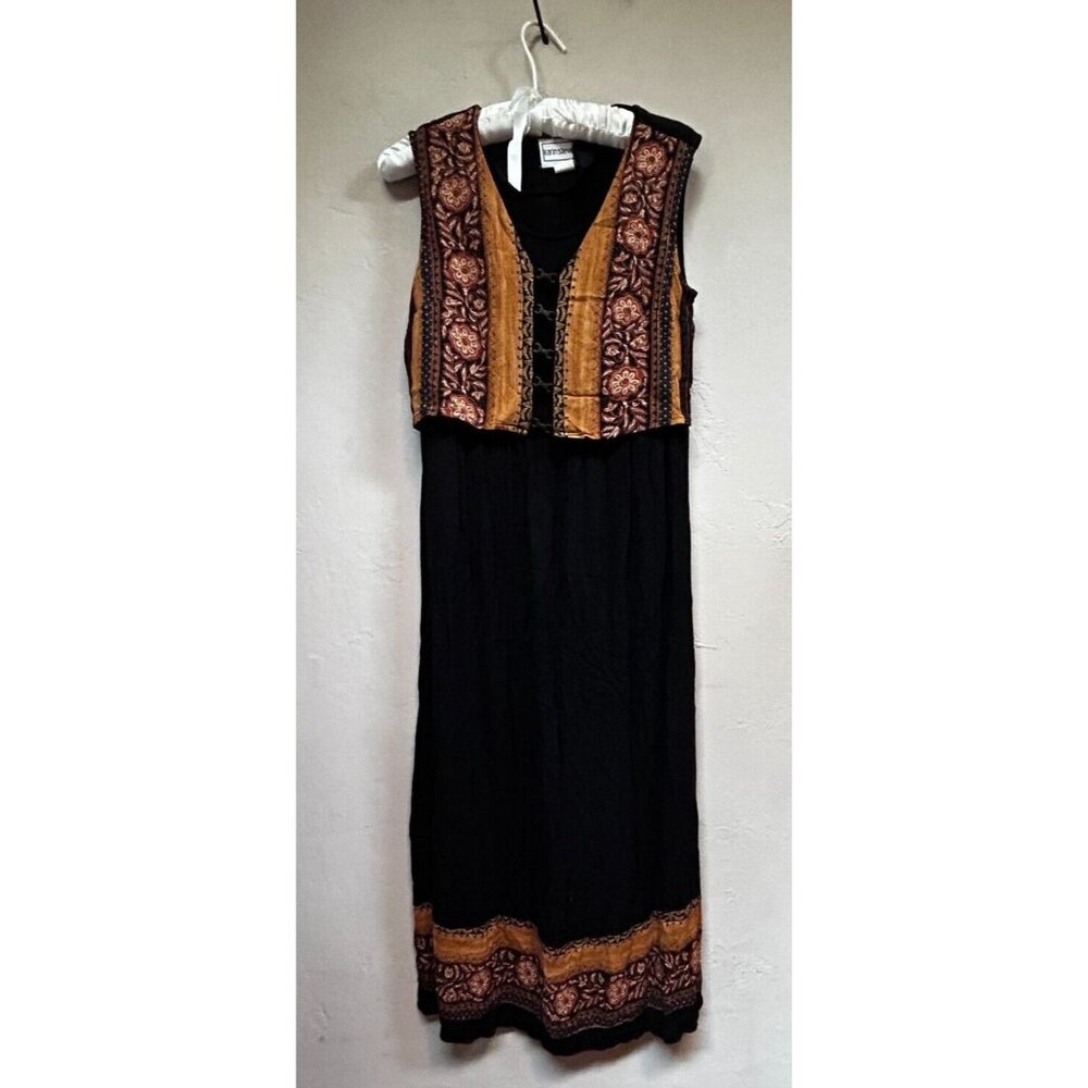 Vintage Karin Stevens Women's Sleeveless Midi Dress Size 6M Black Brown Floral